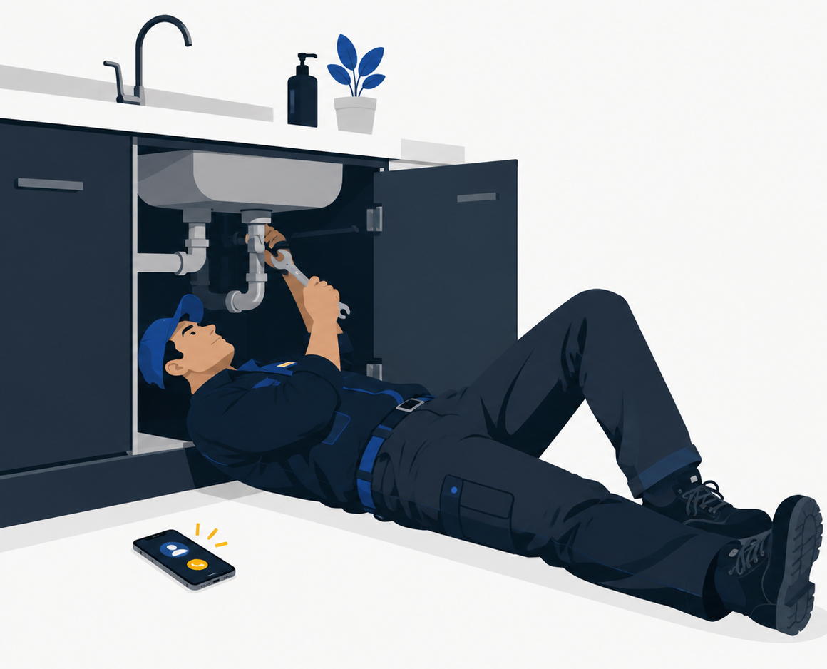 A plumber lying under a kitchen sink mid-repair, with his phone ringing unanswered on the floor beside him.
